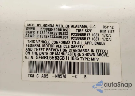 2012 Honda Odyssey Ex-L z USA, uszkodzony, nr VIN 5FNRL5H63CB111085